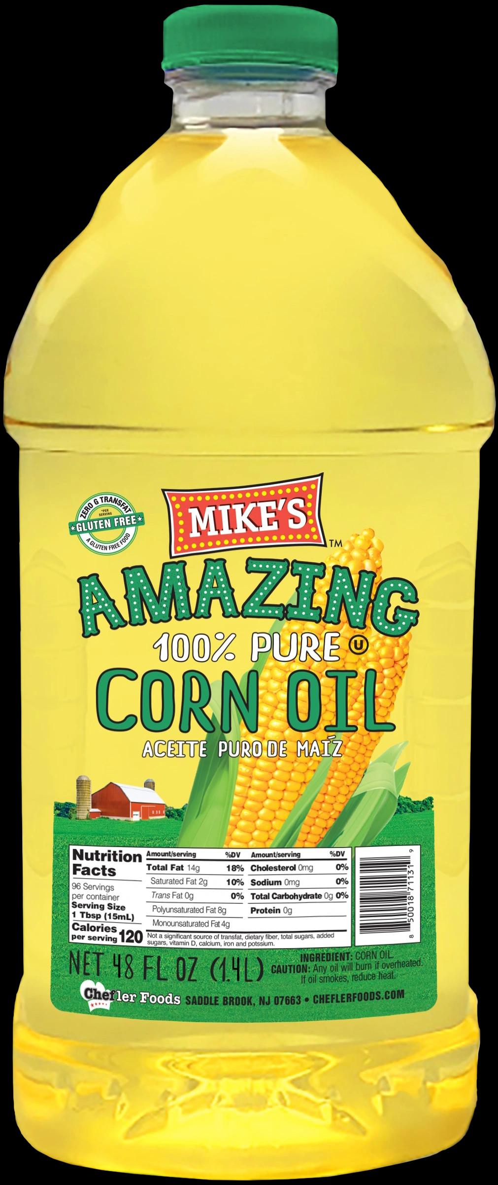 A 48oz bottle of Mike's Amazing corn oil.