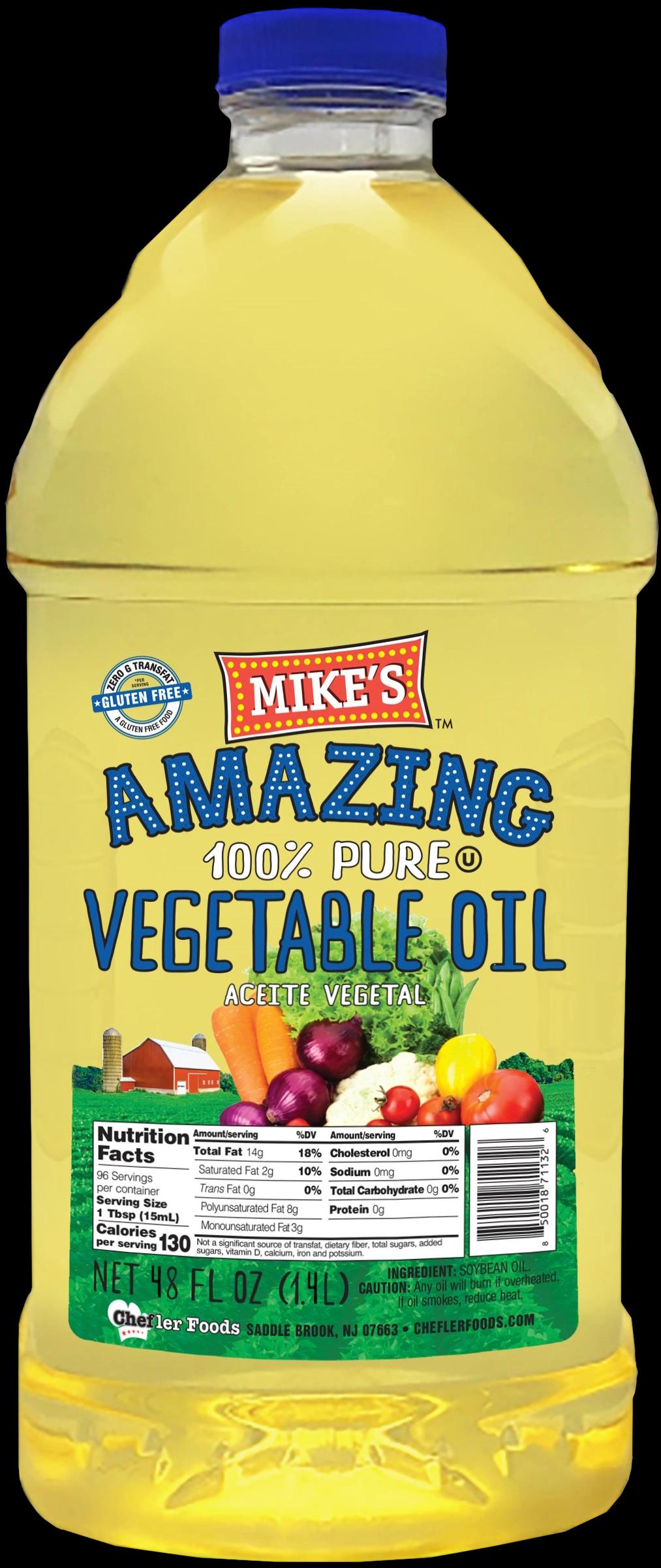 A 48oz bottle of Mike's Amazing vegetable oil.