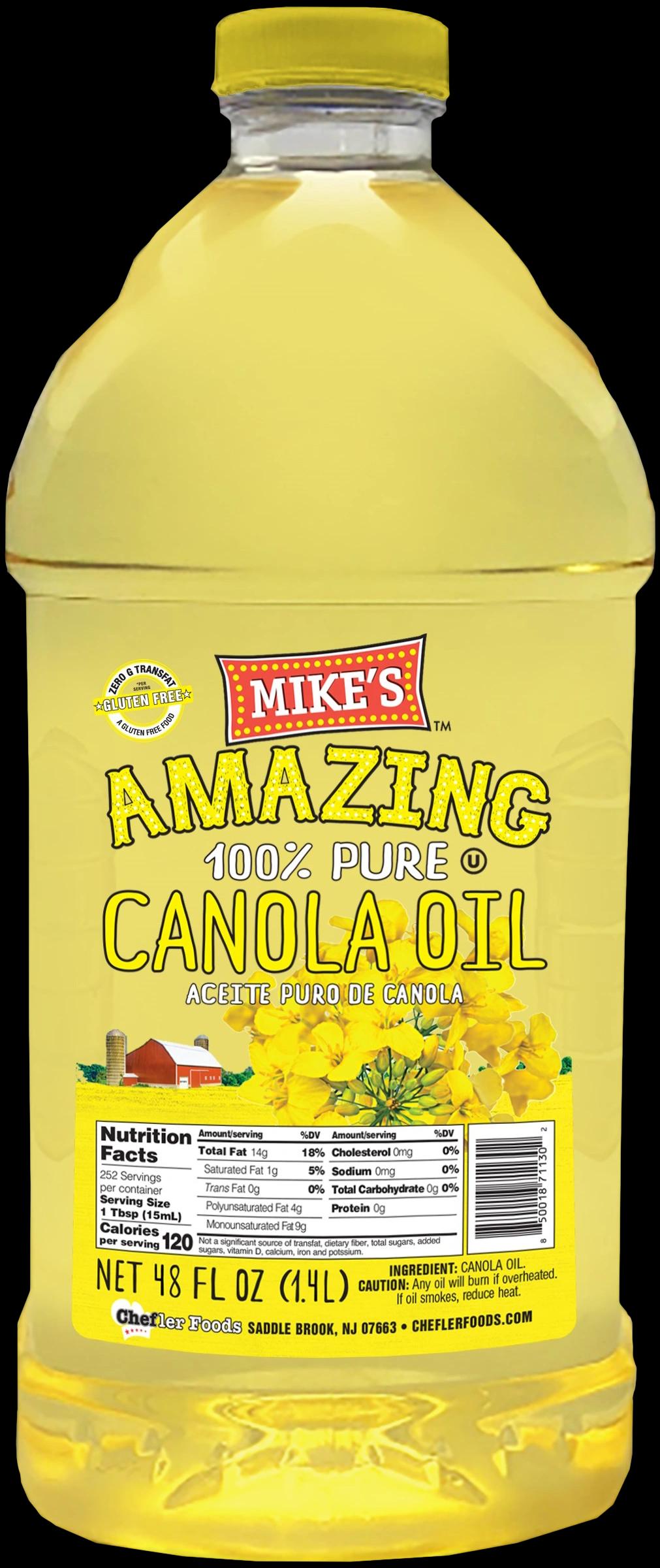 A 48oz bottle of Mike's Amazing canola oil.