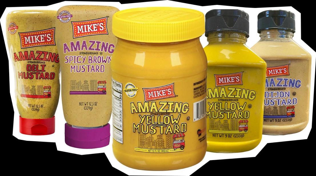 A group of Mike's Amazing mustard products.