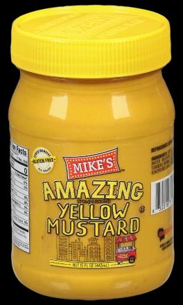 A 15oz plastic bottle image of Mike's Amazing yellow mustard.